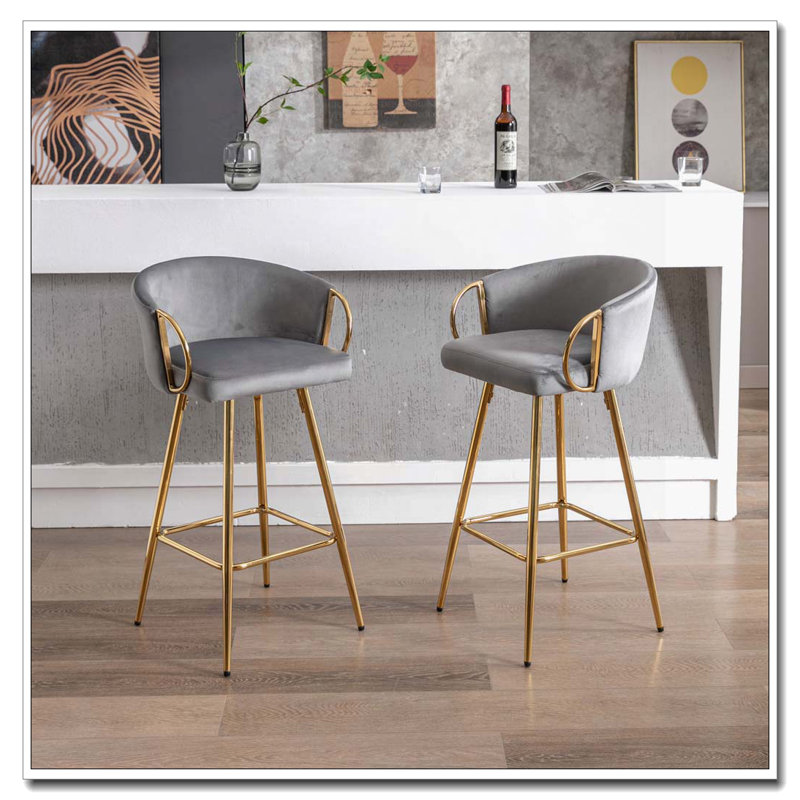 Tabourets de bar, avec repose-pieds chromé et base en velours + tabouret de bar simple Golden Leg, Gris