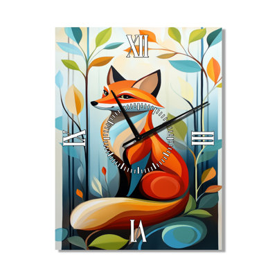 Horloge murale en métal « Renard élégant avec feuillage I - Lodge », imprimée sur métal