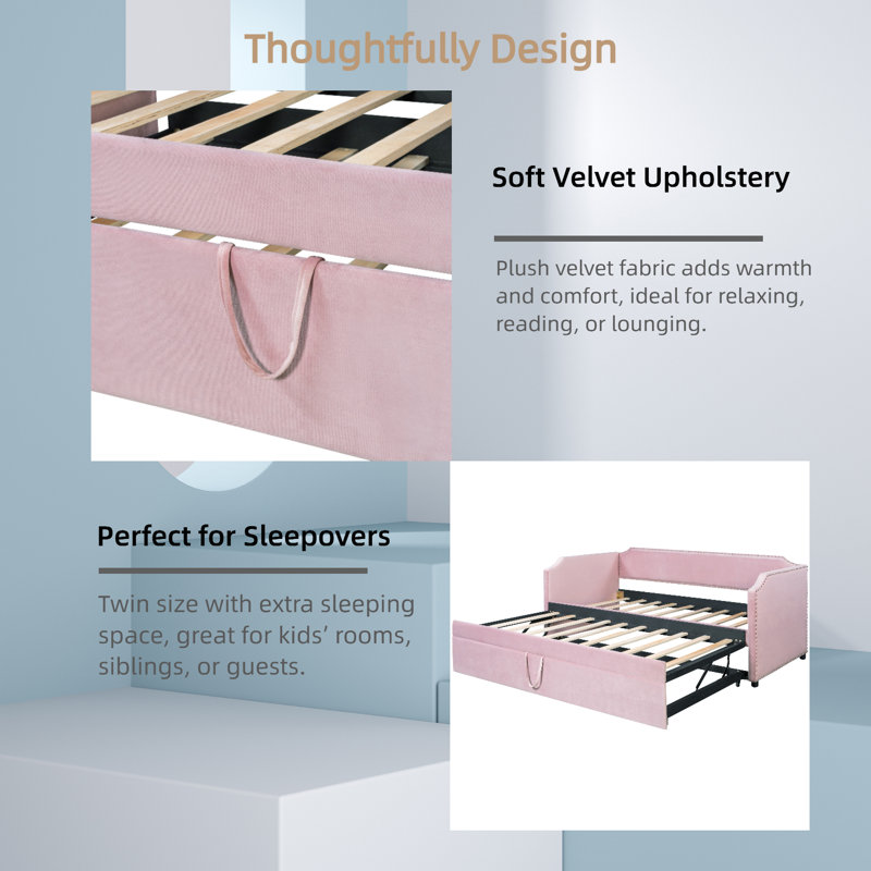 Upholstered Daybed With Lift-Up Trundle Bed, Pink