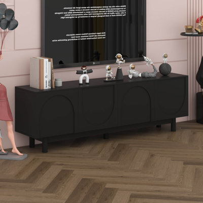 Stand with Adjustable Shelves for TVs Up to 78in, Stylish Media Console with Gold Handles and Arch Fluted Glass Doors