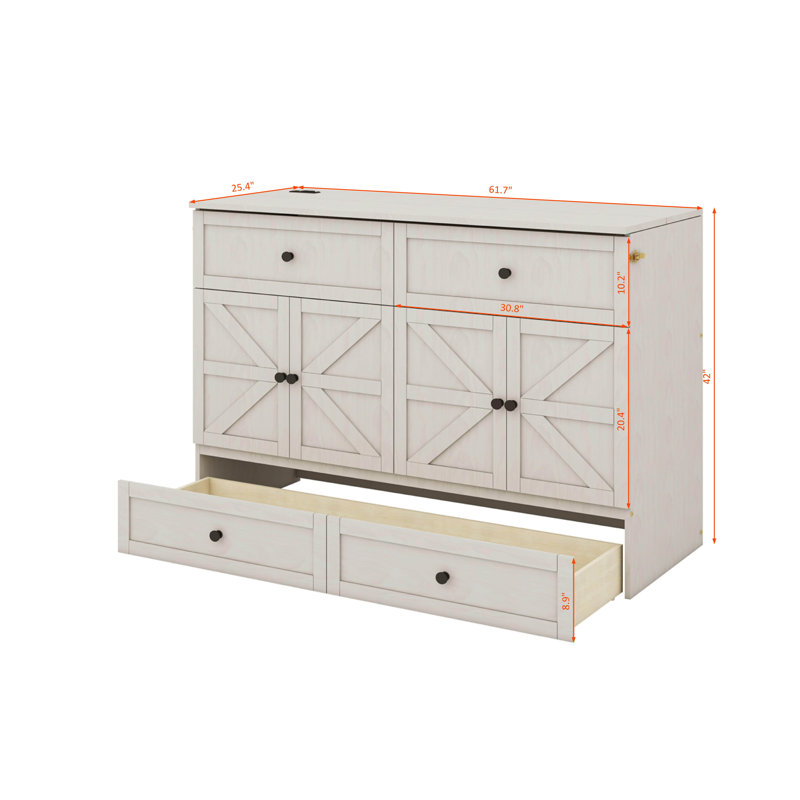 Grand lit escamotable avec grand tiroir et ports USB, Blanc brossé