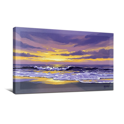 Nautique et plage, ciel mauve, coucher de soleil, vagues de l'océan, art sur la plage