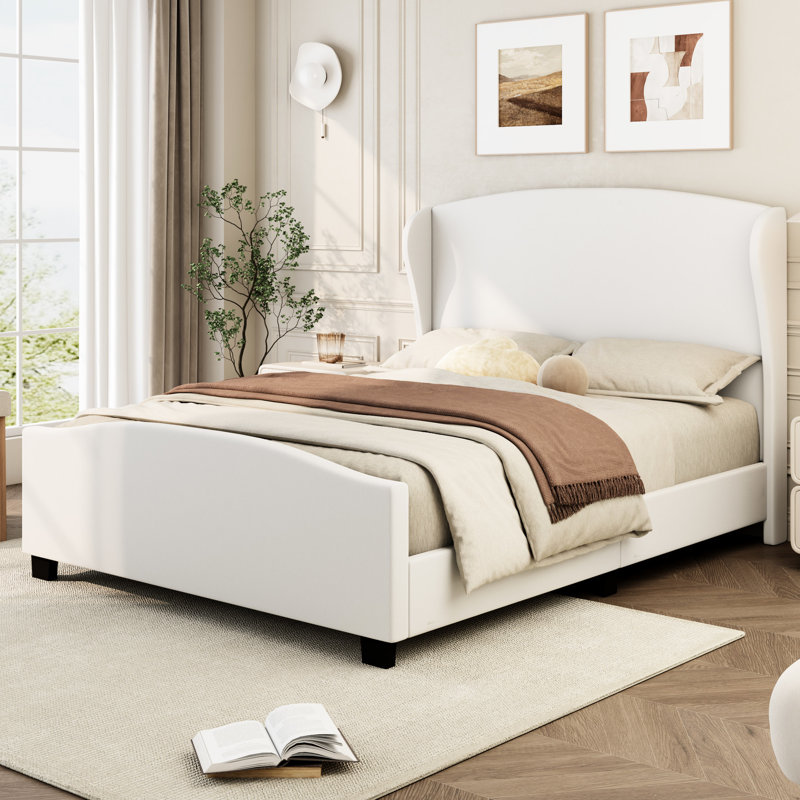 Structure de grand lit en lin beige avec dossier à oreilles de 51 po de hauteur, pieds solides pour le soutien, mousse confortable à haute densité à l'intérieur, chambres à coucher de style scandinave convenant à la stabilité du bois, rembourrage, différentes conceptions de chambre à coucher