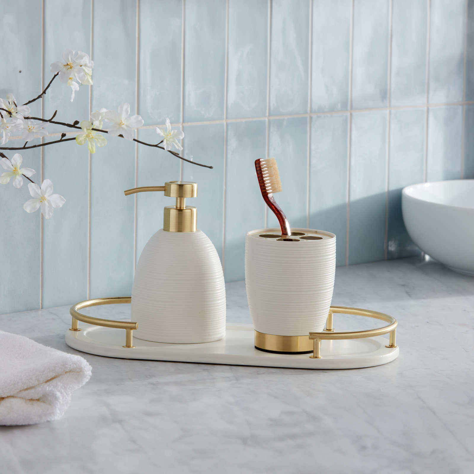 Dubai 3 pc Bath Accessory Set, Brass Trim