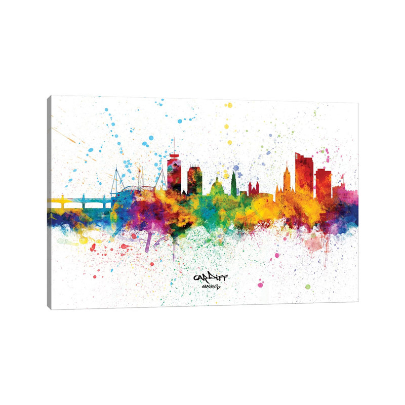 Cardiff Wales Skyline Splash by Michael Tompsett - Wrapped Canvas Print, 20.32 cm H x 30.48 cm W