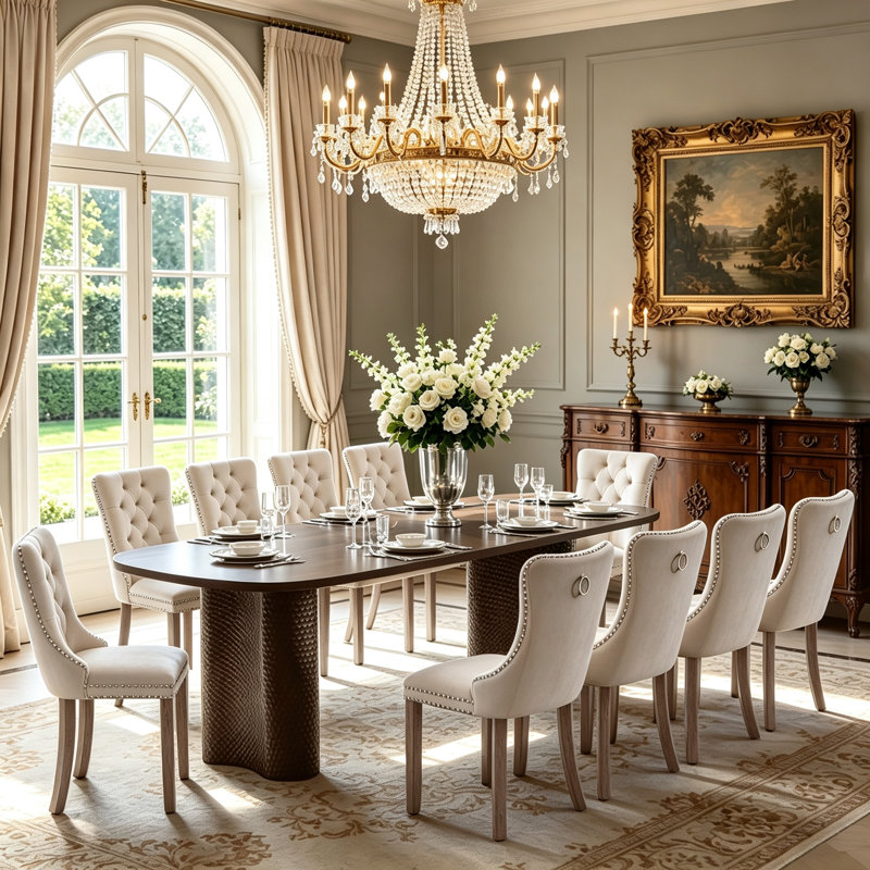 Ensemble de salle à manger ovale extensible 11 pièces pour 10 personnes, table de cuisine de style campagnard de 63" à 95" avec base incurvée martelée et 10 chaises capitonnées en velours