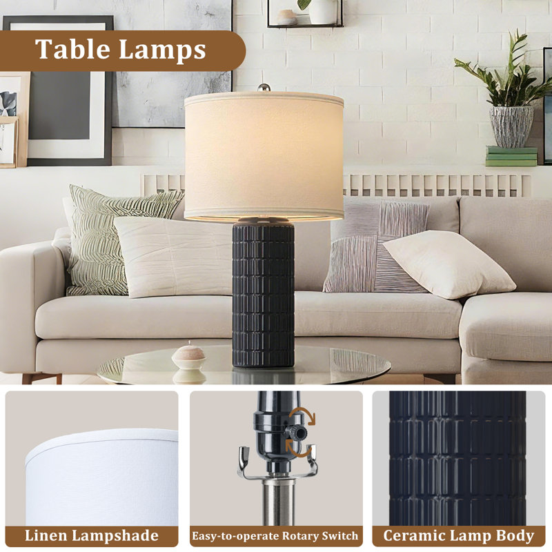 23" Modern Decorative Ceramic Table Lamp with Textured Finish and Linen Shade Perfect for Bedroom, Living Room or Nightstand