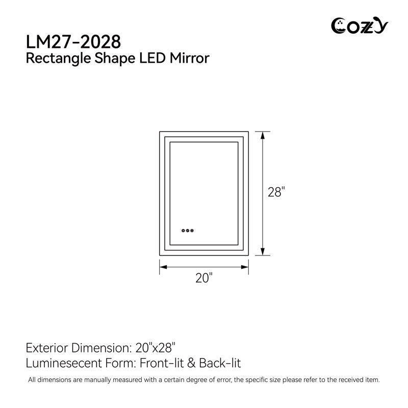 LED Bathroom Mirror with Front & Back LED Lighted Anti-Fog Tempered Glass Vanity Mirror, 3 Colors Temperature & Dimmable Light