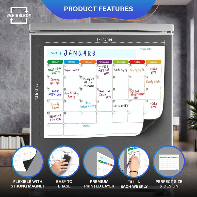 Monthly Planner Magnetic Whiteboard Refrigerator Calendar Dry Erase Weekly Planner 13” X 17”