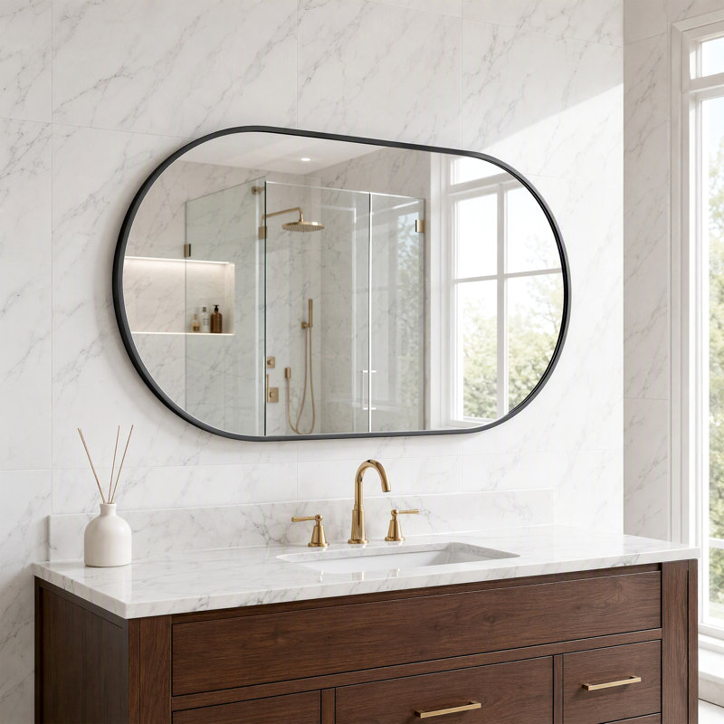 Miroir mural ovale pour salle de bain, en verre trempé avec cadre en aluminium, fixation verticale ou horizontale., 24*36