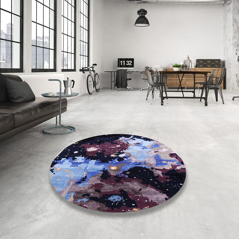 Tapis abstrait noir / bleu, Rond 5 pi
