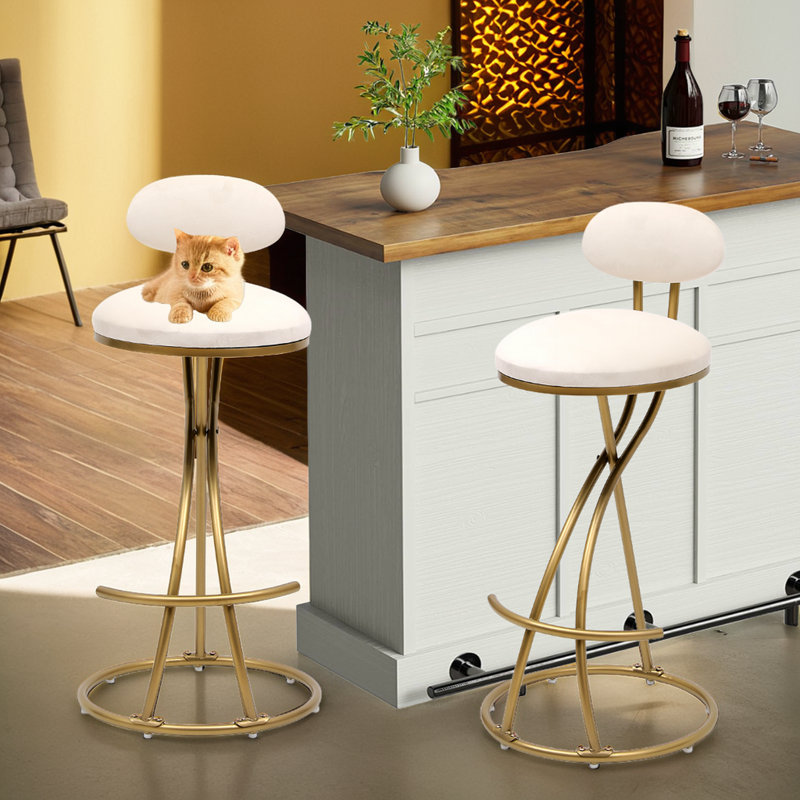 S-Shaped Upholstered PU Round Bar Stools With Footrest (Set of 2), Cream Leather/Gold Frame
