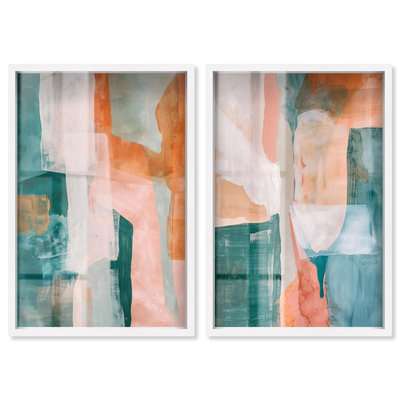 «Citrus Wave Duet Shadowbox», ensemble d'art mural abstrait par Art Remedy, cadre blanc, 24 x 36, H 37 po x l 25 po