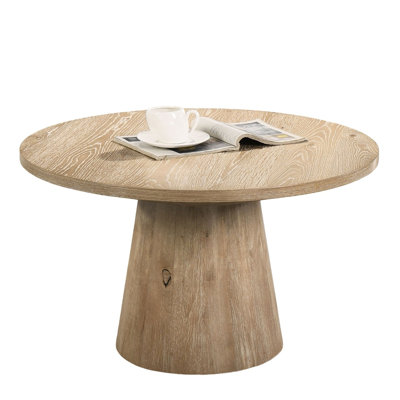 Table basse ronde de conception contemporaine, placage de chêne, piédestal en forme de cône, bois d'hévéa, 29 po de diamètre, 17 po de hauteur, installation rapide avec base distinctive, finition, bois d'hévéa et bois d'ingénierie