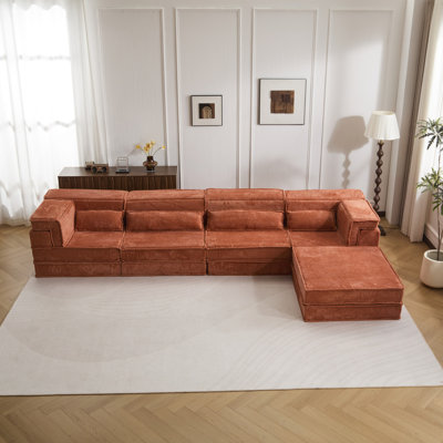 Canapé à compression Mahjong, canapé-lit convertible au sol, canapé modulaire modulaire désossé DIY, aucun assemblage requis, tissu polaire circulaire, surdimensionné à 4 places avec 1 repose-pieds, orange