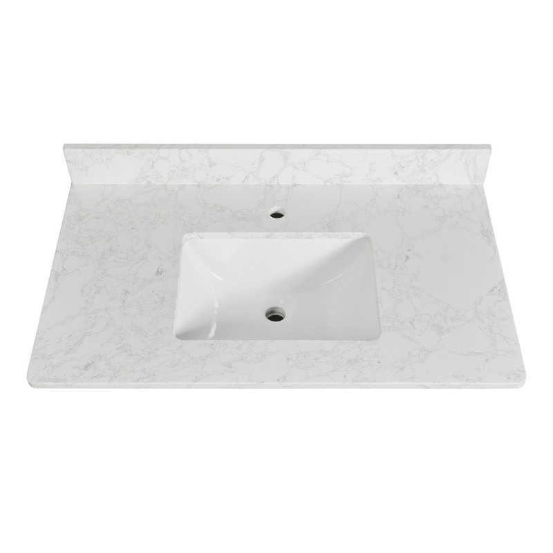 Plan de toilette simple en quartz de 94 cm (L) x 56 cm (P) avec lavabo encastré en céramique et dosseret de 10 cm.
