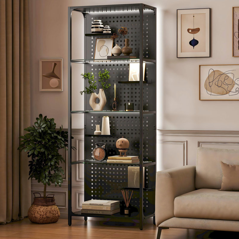 Glass Display Shelf For Collectibles, LED Black Curio Cabinet, Led Lighted Tall Narrow Shelf With Pegboard, Floor Lamp With Shelf