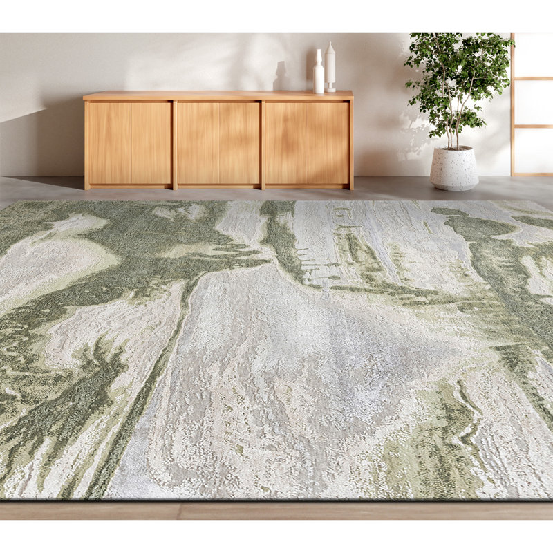 High-Quality Hand-Knotted Beige And Green Area Rug, Rectangle 5' x 8'