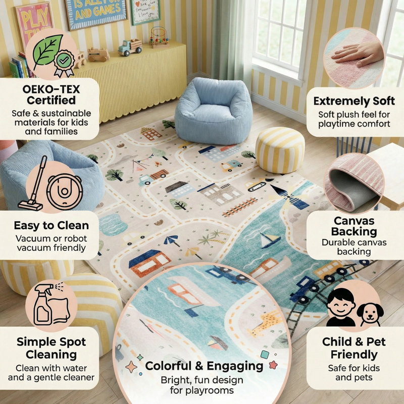 Rug Branch Haven 7' x 10' (6'7" x 9'6") Blue/Grey Education Learning Kids Area Rug, Contemporary, Medium Pile, Stain-Resistant Carpet - Playroom, Nursery, Toy Room and Bedroom