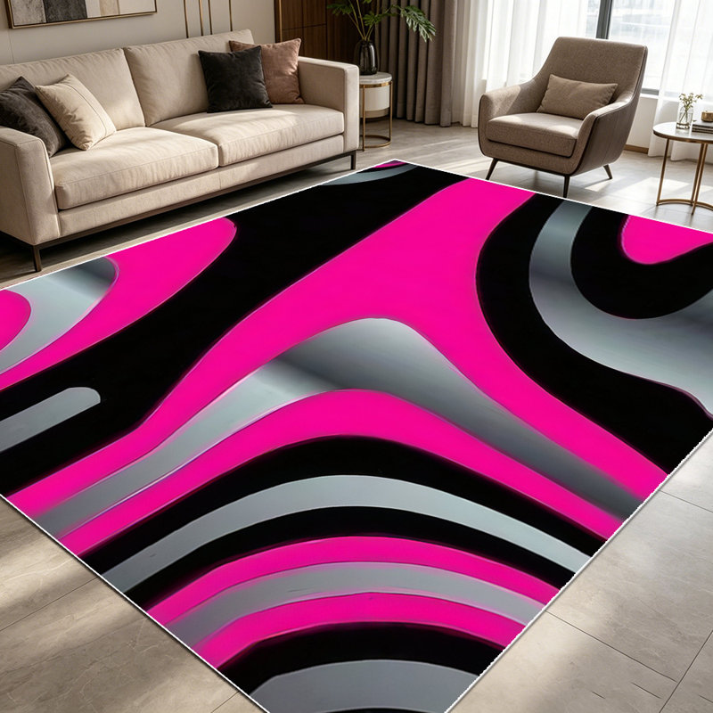 1PC Modern Abstract Psychedelic Hot Pink Black Grey Wave Stripe area rugs for Living Room, Soft and Comfortable, Suitable for all seasons, easy-to-maintain, machine washable Indoor floor mat, Under Table Farmhouse suitable for Dining Room, Bedroom,