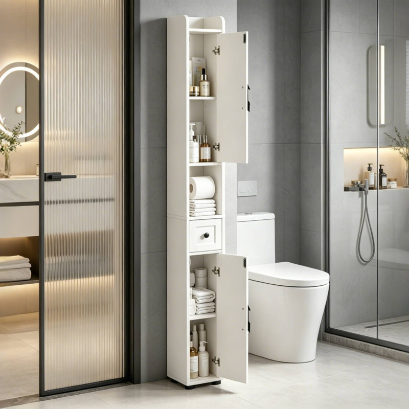 Slim Narrow Storage Cabinet, Space Saving Floor Organizer with Shelves & Doors, Waterproof PVC Corner Storage Unit for Small Spaces