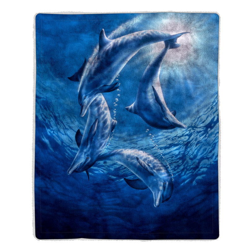 Ocean Dolphin Print Sherpa Fleece Throw Blanket