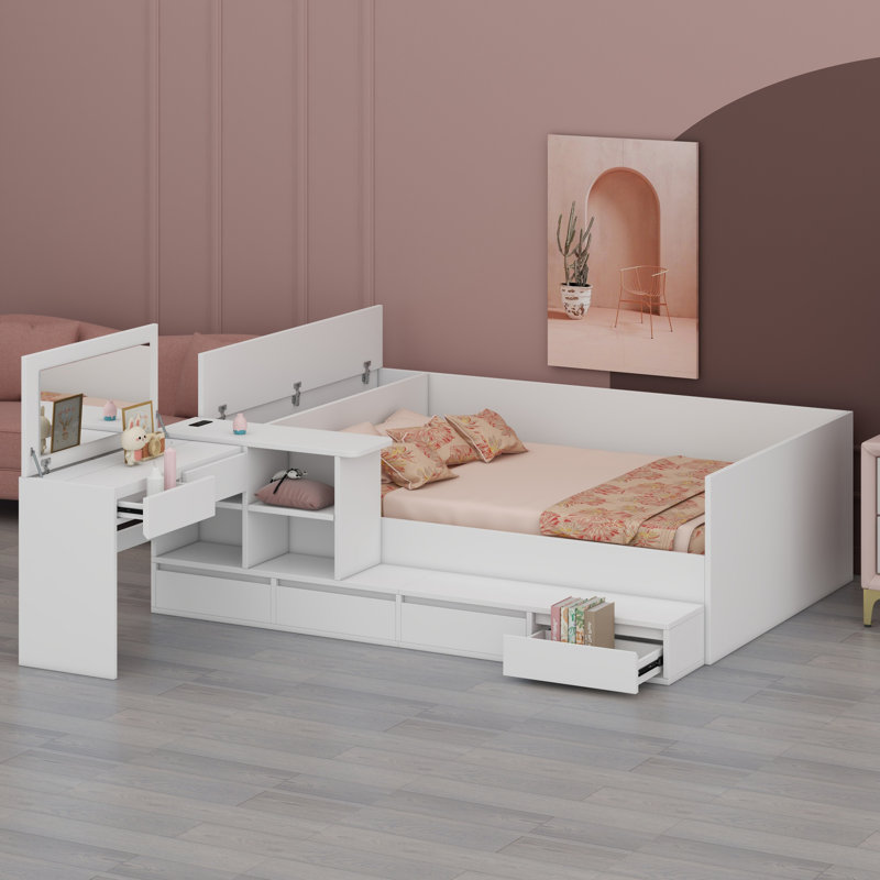 Lit plateforme en bois avec tiroirs, tablettes et coiffeuse, Blanc