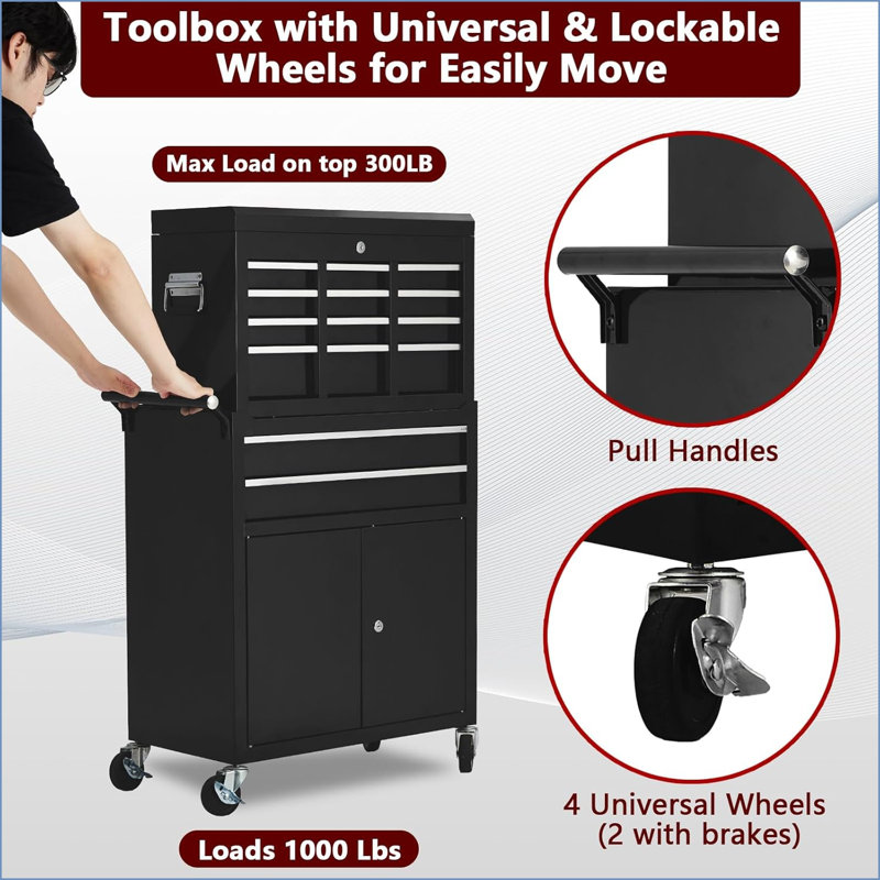 24" Tool Chest,Tool Storage Cabinet Removable Toolbox on Wheels, Rolling Tool Chest with 8 Drawers & Detachable Top Tool Box,Locking Tool Box for Garage and Workshop, with Liner