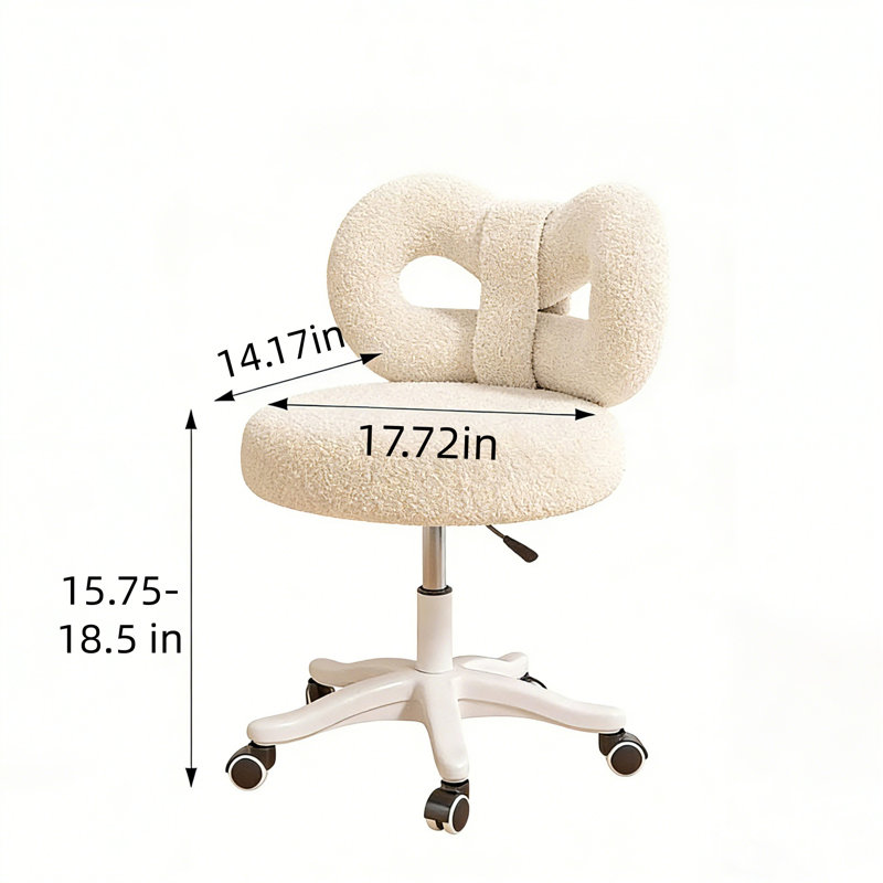 Fauteuil de coiffeuse pivotant à hauteur réglable, fauteuil de bureau rembourré en molleton blanc avec roulettes, joli tabouret roulant à dossier ergonomique moderne pour la chambre à coucher, la salle de maquillage, le bureau personnel