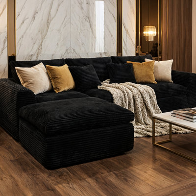 Éponge désossée de 30 pouces à densité de 108 pouces, coussins en forme de nuage à double couche, 4 en forme de L, style classique américain, revêtement en velours côtelé, assise moelleuse, dossier rembourré, facile à entretenir, conception noire, récupération rapide