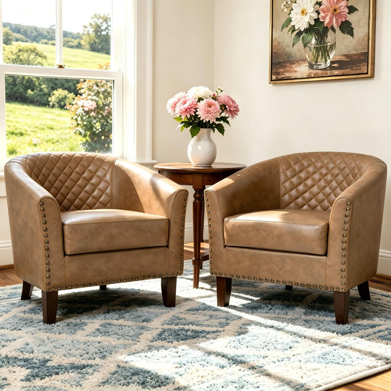 Edvardas Upholstered 29.11 Wide Coffee Faux Leather Tufted Barrel Club Chair with Nailhead Trim, Coffee Faux Leather