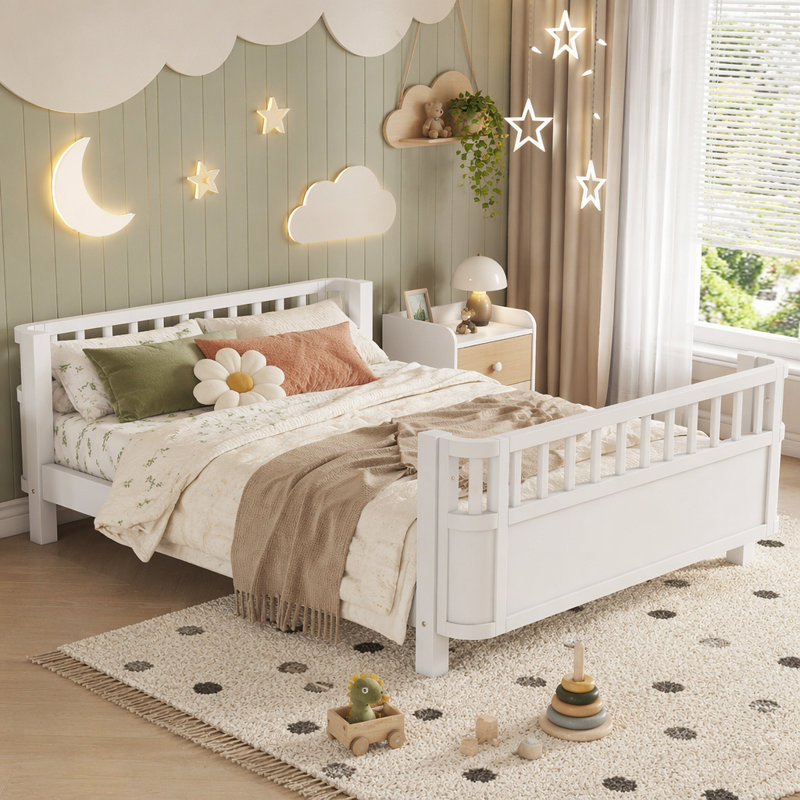 Wood Platform Bed For Kids, White, Full