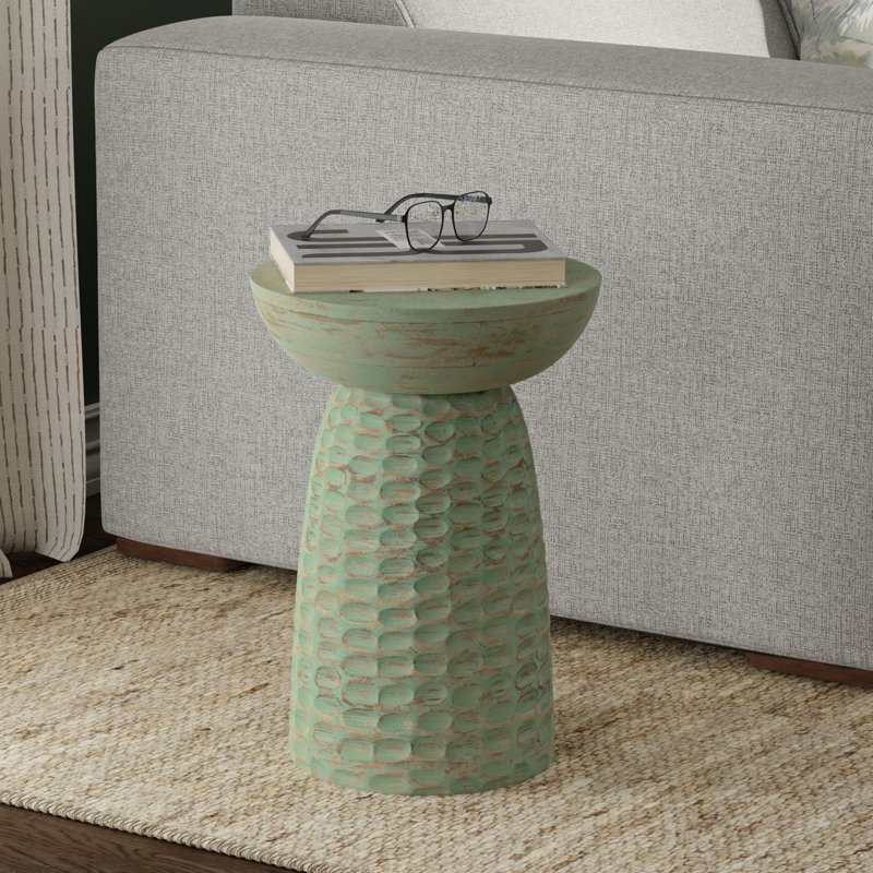 Table d'appoint contemporaine en bois de manguier massif avec finition texturée, entièrement assemblée, Vert délavé