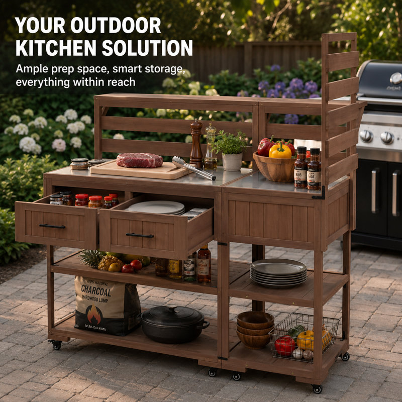 Îlot de cuisine extérieur 62 po avec plateau en acier inoxydable, table de préparation pour barbecue avec 2 tiroirs et tablette de rangement, brun