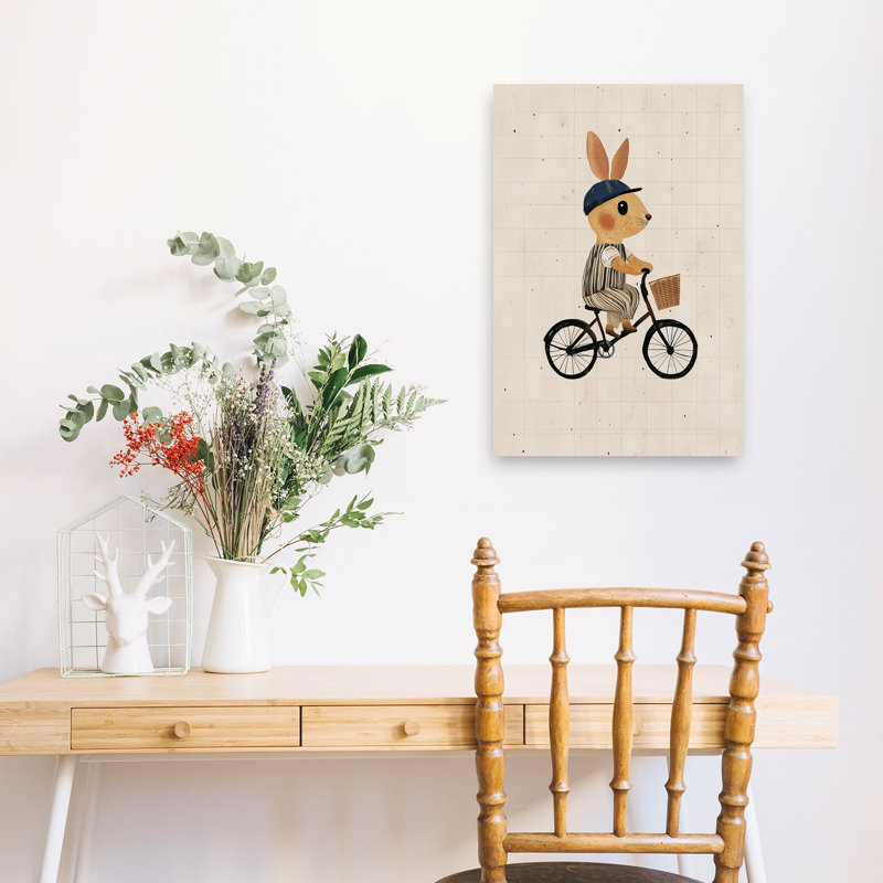 Lapin sur un vélo, reproduction d'art fantaisiste de lapin contemporain forêt d'été, H 24 po x l 16 po