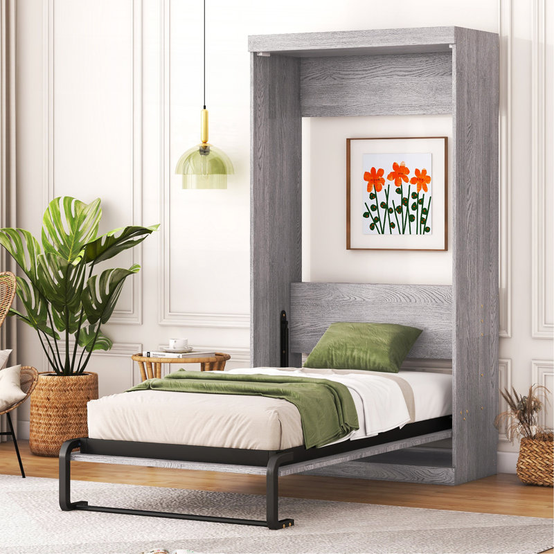 Lit escamotable simple, peut être plié dans une armoire, gris, Lit simple