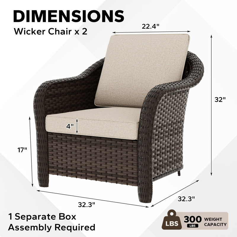 Polyethylene (PE) Wicker Wicker Outdoor Handrails Shaped Steel 2-Armrest Chairs Set with Beige Cushion, Beige
