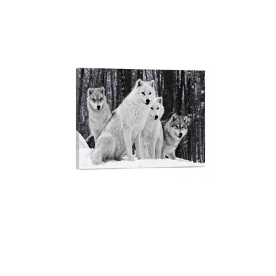 «Wolf Family Sit on The Snowfield», art mural en bois à l'arrière, 24 po x 36 po