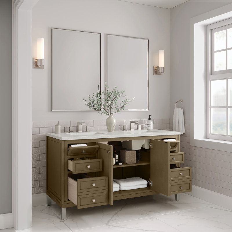 Meuble-lavabo double 60 po avec comptoir Chicago, Noyer murmure, Délice de lime, 8 po