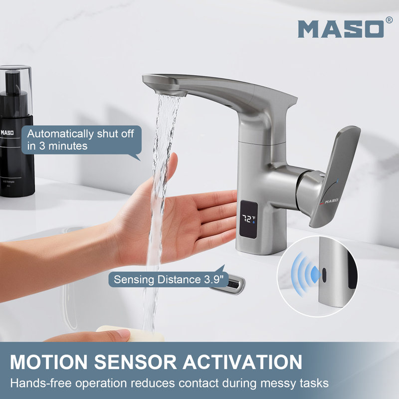 MASO Touchless Pull-Down Bathroom Sink Faucet, 2 Spray Modes, Temperature Display (°F), Motion Sensor, 360° Swivel, Single Handle, 1 or 3 Hole, Deck Plate, Vanity, Laundry & Bar,  Brushed Nickel