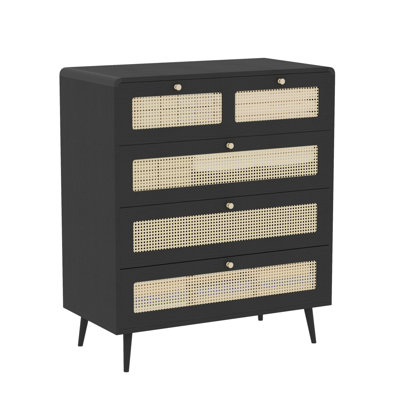 Commode 4 tiroirs, commode moderne en rotin avec tiroirs larges et poignées en métal, commode de rangement en bois Farmhouse
