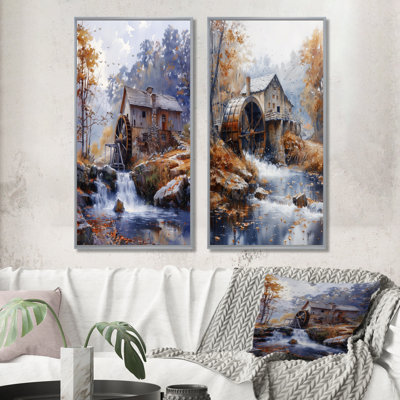 Ensemble de 2 pièces d'art mural gris et orange avec moulin à eau Wonder Mill I