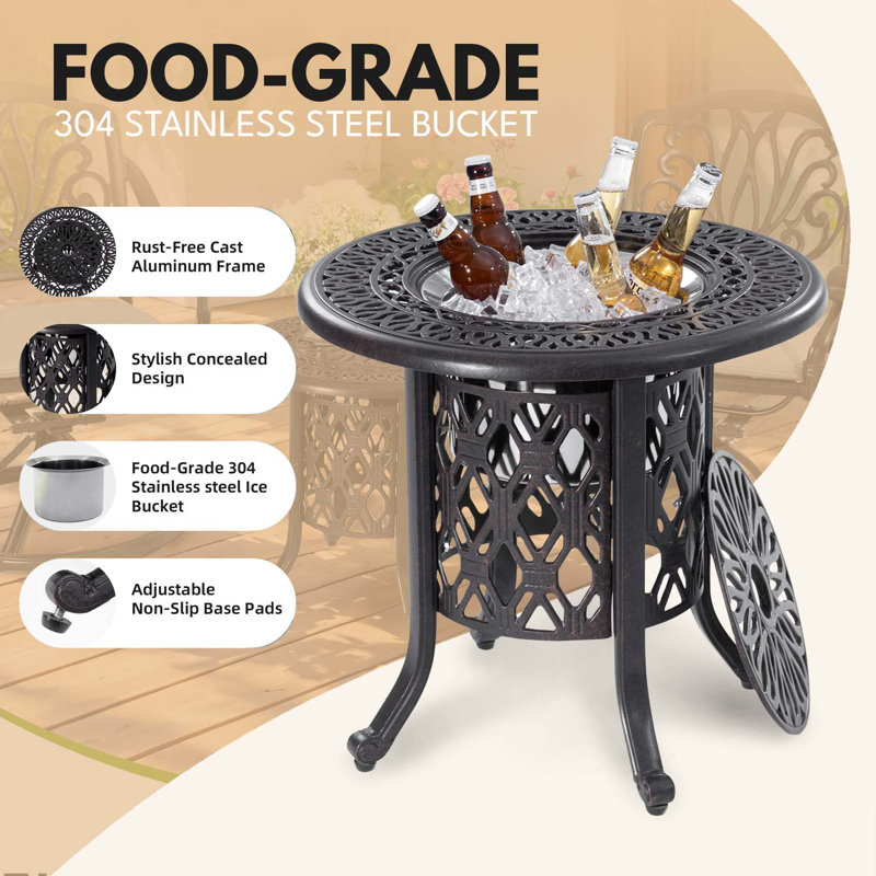 Outdoor Ice Bucket Side Table – 21” Cast Aluminum Frame With Removable Stainless Steel Bucket, Rustproof & Weather-Resistant