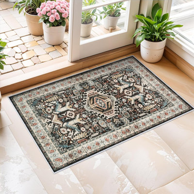 Tapis de salon lavable - grand tapis de chambre à coucher à motif oriental antidérapant antidérapant et antidérapant pour la cuisine de la salle à manger (noir)