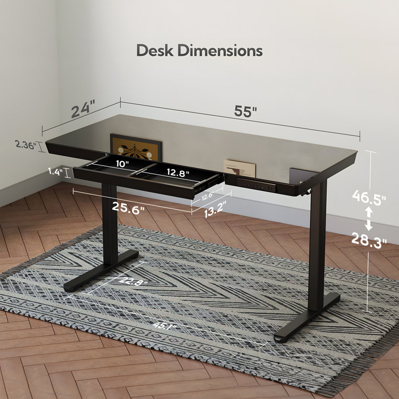 Tempered Glass Top Height Adjustable Standing Desk, Computer Desk with Drawer and USB Charge, Black, 46.5" H x 55" W x 24" D