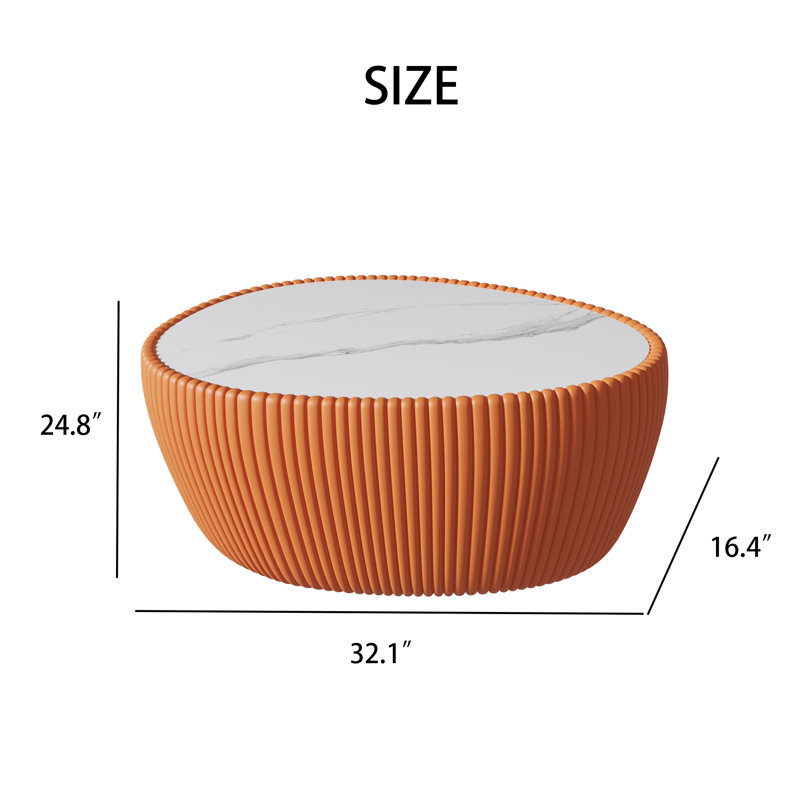 Light Marble Top Goose Eggs Shape Leather Orange Colour Coffee Modern Sofa Table  For Living Room Furniture, White/Orange