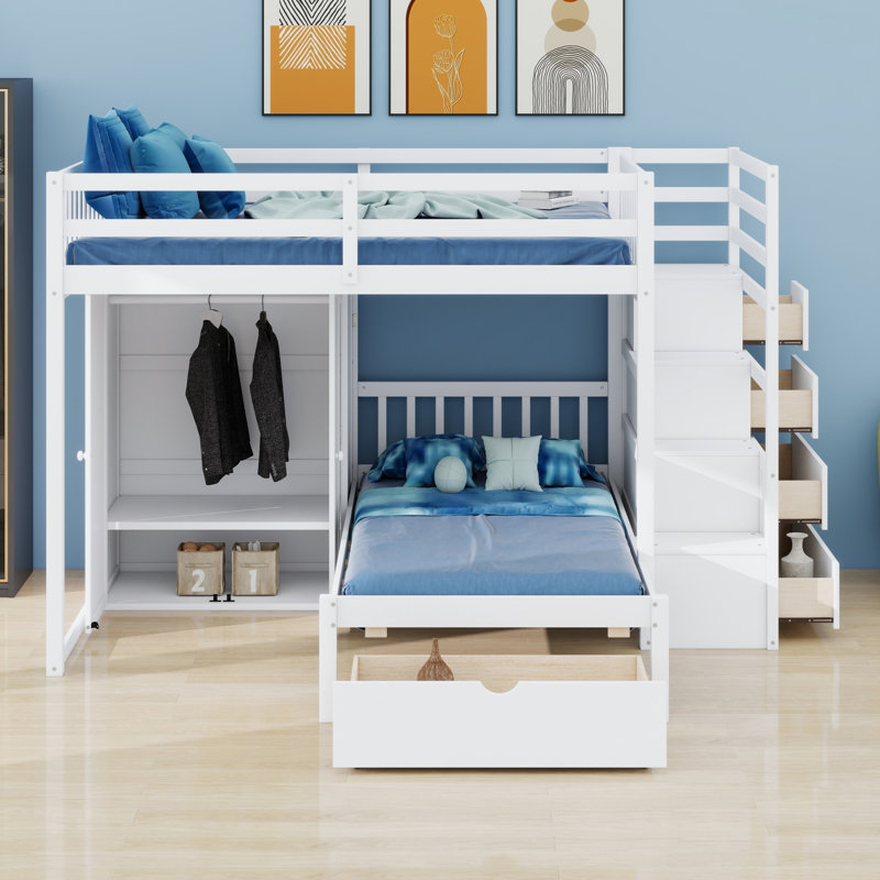 Lit superposé peu encombrant avec garde-robe et tiroirs, Blanc