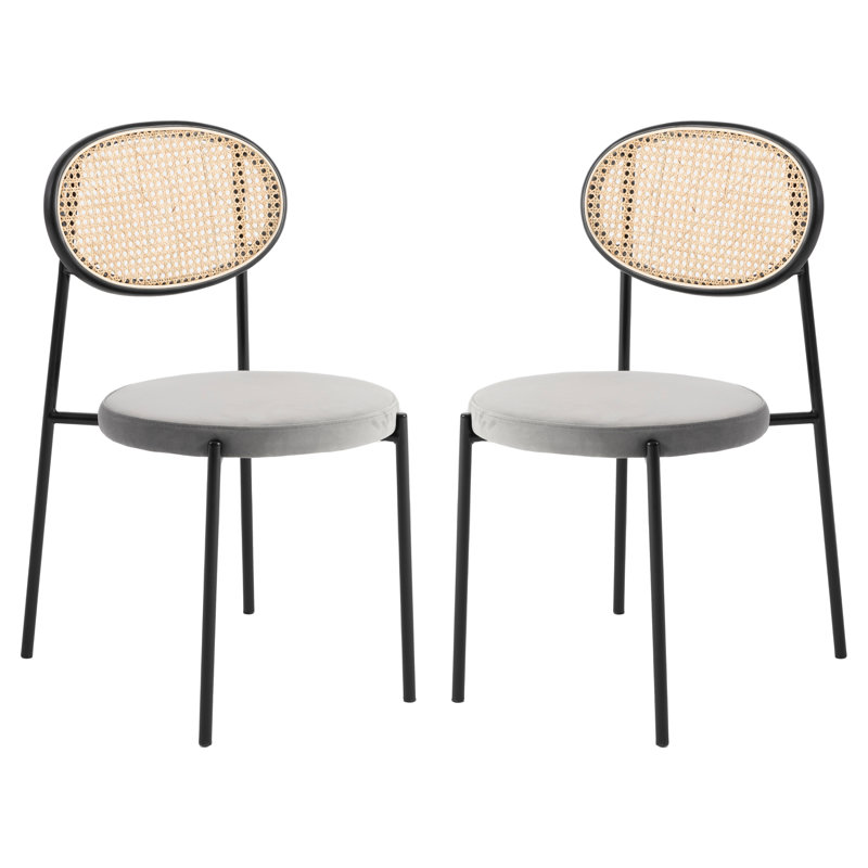 Modern Velvet Dining Side Chair with Rattan Back and Black Metal Legs for Kitchen or Dining Room, Gray