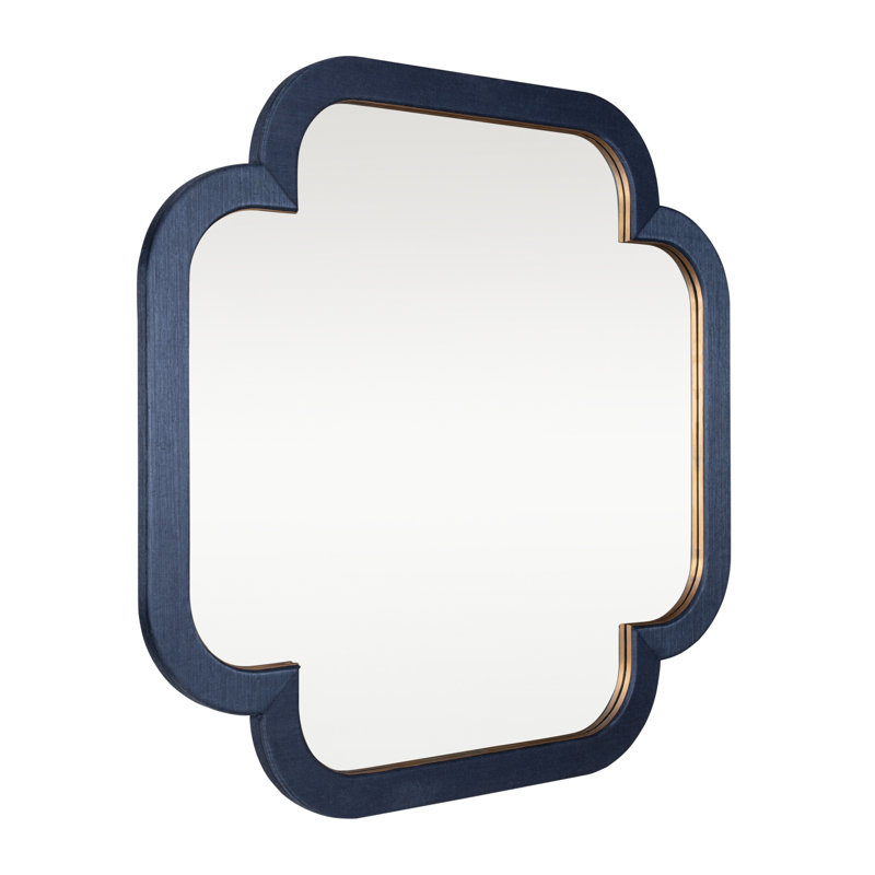 Swiss Wall Mirror - 36"W x 36"H - Dark Blue Grasscloth/Weathered Brass, Blue/Antique Brass, 36" x 36"