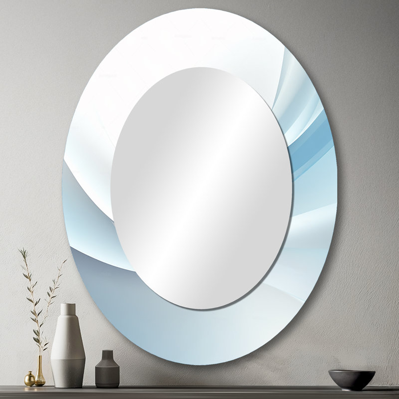 Blue And White Abstract Fractal Fusion III - Abstract Oval Decorative Mirror On Metal, 43" x 33"